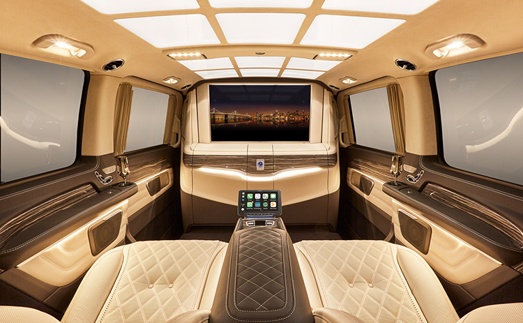Elegant limousine interior with luxury leather seating, ambient lighting, and smart entertainment system.