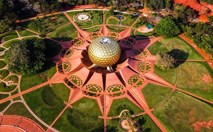 Peaceful Auroville meditation area in Pondicherry, a serene retreat for mindfulness and relaxation.